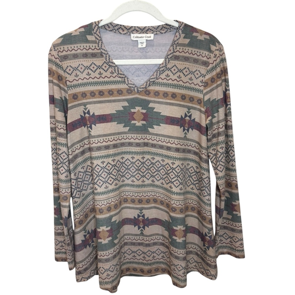 Women’s Coldwater Creek Aztec Geometric Pattern Long Sleeve V-Neck Top